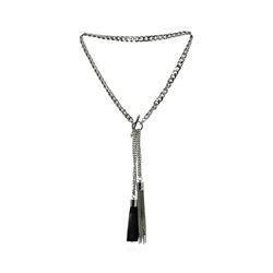 Double Leather Tassel Chain Necklace - Rhodium Plated