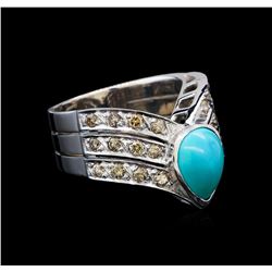 2.00 ctw Turquoise and Diamond V-Shape Ring - 18KT White Gold