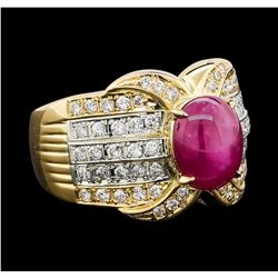 3.70 ctw Star Ruby and Diamond Ring - 18KT Yellow Gold and Platinum