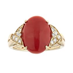 3.80 ctw Coral and Diamond Ring - 14KT Yellow Gold