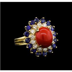 14KT White Gold 3.70 ctw Coral, Sapphire and Diamond Ring