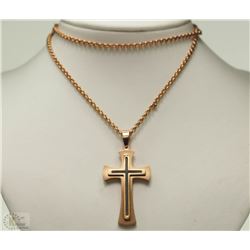 #17-STAINLESS STEEL ROSE GOLD CROSS MENS NECKLACE
