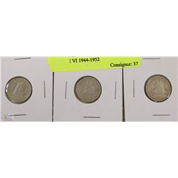 12) 3 CANADIAN SILVER 10 CENTS GEORGE VI 1944-1952