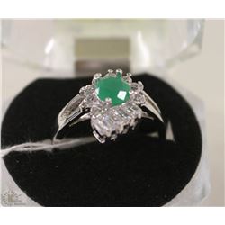 #78-GREEN EMERALD &CZ RING,925 STERLING SILVER