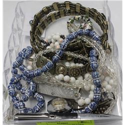 TRAY WITH ASSORTED BEADED JEWELLERY,  BELT, POCKET