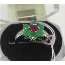 #80-GREEN EMERALD,RUBY &CZ RING,925 STERLING SILVER