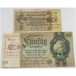 LOT OF 2 NAZI WWII BANK NOTES STAMPED TOTENKOPF