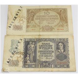 2 WWII BANK NOTES STAMPED AUSCHWITZ AND JUDE