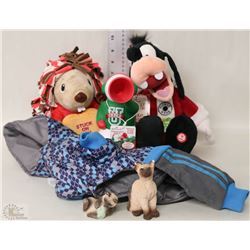 FLAT OF CHRISTMAS STUFFIES WITH DOG JACKET
