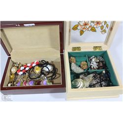 FLAT WITH TWO VINTAGE JEWELRY BOXES W/ CONTENTS