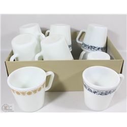 SET OF 5 BROWN PYREX MUGS AND 8 BLUE PYREX