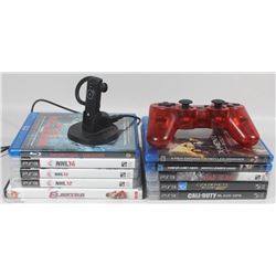 PS4 GAMES, CONTROLLER, HEADSET, BLUE RAY MOVIES.