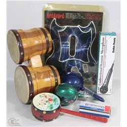 LOT OF INSTRUMENTS SOME VINTAGE BONGOS