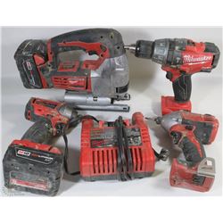 MILWAUKEE M18 JIGSAW, DRILL, 2 IMPACT DRIVERS WITH
