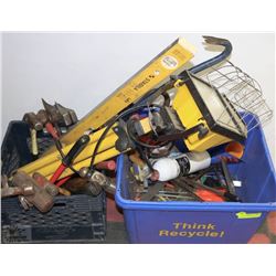 BLUE TOTE AND BLACK CRATE FILLED WITH TOOLS INCL