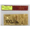Image 1 : 92) 24KT GOLD PLATED $100 CANADA BANK NOTE WITH