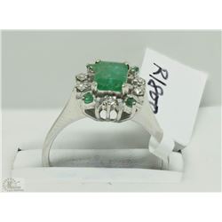 #12-18KT WHITE GOLD EMERALD & DIAMOND RING SIZE 7