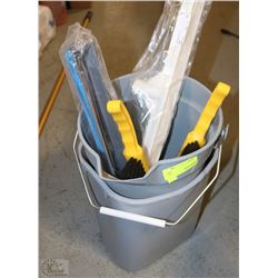 LOT OF SQUEEGEE HEADS, POLE, TWO PAILS, & BRUSHES