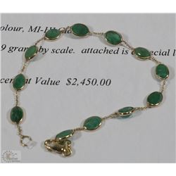 14K YELLOW GOLD FANCY LINK EMERALD BRACELET W/COA
