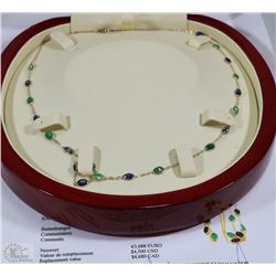 10K YELLOW GOLD EMERALD SAPPHIRE NECKLACE W/ COA
