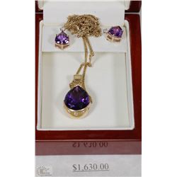 14KT YELLOW GOLD AMETHYST EARRINGS & PENDANT SET W