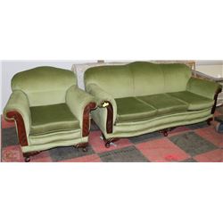VINTAGE GREEN FABRIC SOFA  AND CHAIR