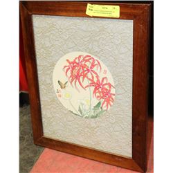 FRAMED CHINESE PAINTING OF BIRD AND FLOWER ON SILK