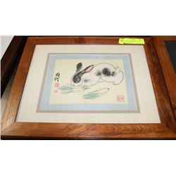 FRAMED CHINESE PAINTING OF  RABBIT ON SILK