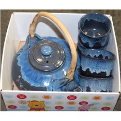 BLUE STONEWARE TEAPOT WITH CUPS