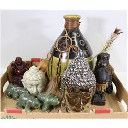 FLAT WITH RESIN BUDDHA, STATUES, SOAPSTONE BEARS