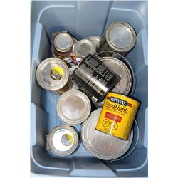 TOTE WITH ASSORTED PAINTS AND STAINS