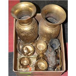 BOX OF BRASS DECORATIONS/ORNAMENTS INCL VASES,
