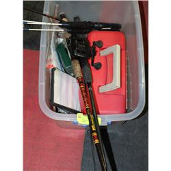 CLEAR TOTE WITH 5 FISHING RODS AND TACKLE
