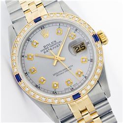 Rolex Mens Two Tone Sapphire and Diamond Datejust Wristwatch
