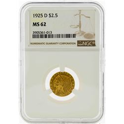 1925-D $2 1/2 Indian Head Quarter Eagle Gold Coin NGC MS62