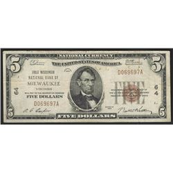 1929 $5 National Bank Note of Milwaukee Wisconsin Charter #64