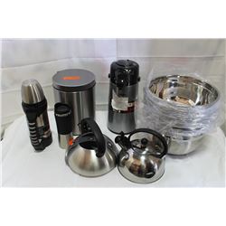 LOT OF STAINLESS THERMOS KETTLES AND MIXING BOWLS