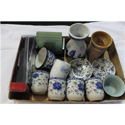 LOT OF CUPS,SAUCERS,COASTERS,CLOCK