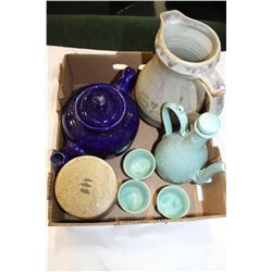 LOT OF TEAPOTS AND STONEWARE JUG ETC