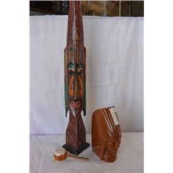 WOODEN TRIBAL CARVING AND INDIAN CHIEF WINE HOLDER