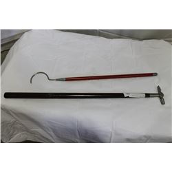 WOODEN HAMMER CANE AND HOOK POLE