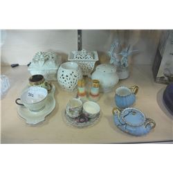 LOT OF DECORATIVE LIDDED BOXES AND TEASET AND SALT AND PEPPER