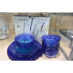 24 PIECE GLASS SET IN BOX AND BLUE GLASS PLATES AND BOWLS