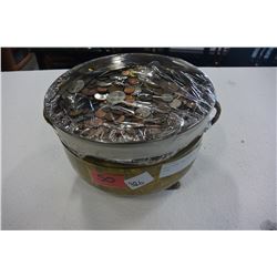 BRASS FOOTED BOWL OF VARIOUS COINS