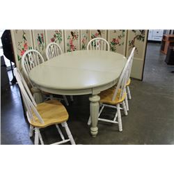 ROUND MODERN DINING TABLE WITH LEAF AND SIX ARROWBACK CHAIRS