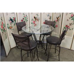 GLASSTOP METAL BISTRO TABLE AND 4 BARSTOOLS