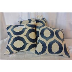 THREE BLUE AND WHITE DESIGNER PILLOWS