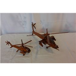 TWO WOOD HELICOPTERS