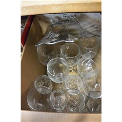 BOX OF GLASSWARE AND SILVER OVERLAY SERVING BOWL