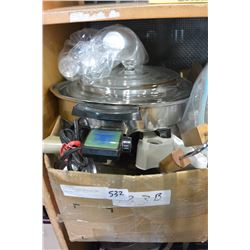 BOX OF KITCHEN SUPPLIES AND CHAFING DISH